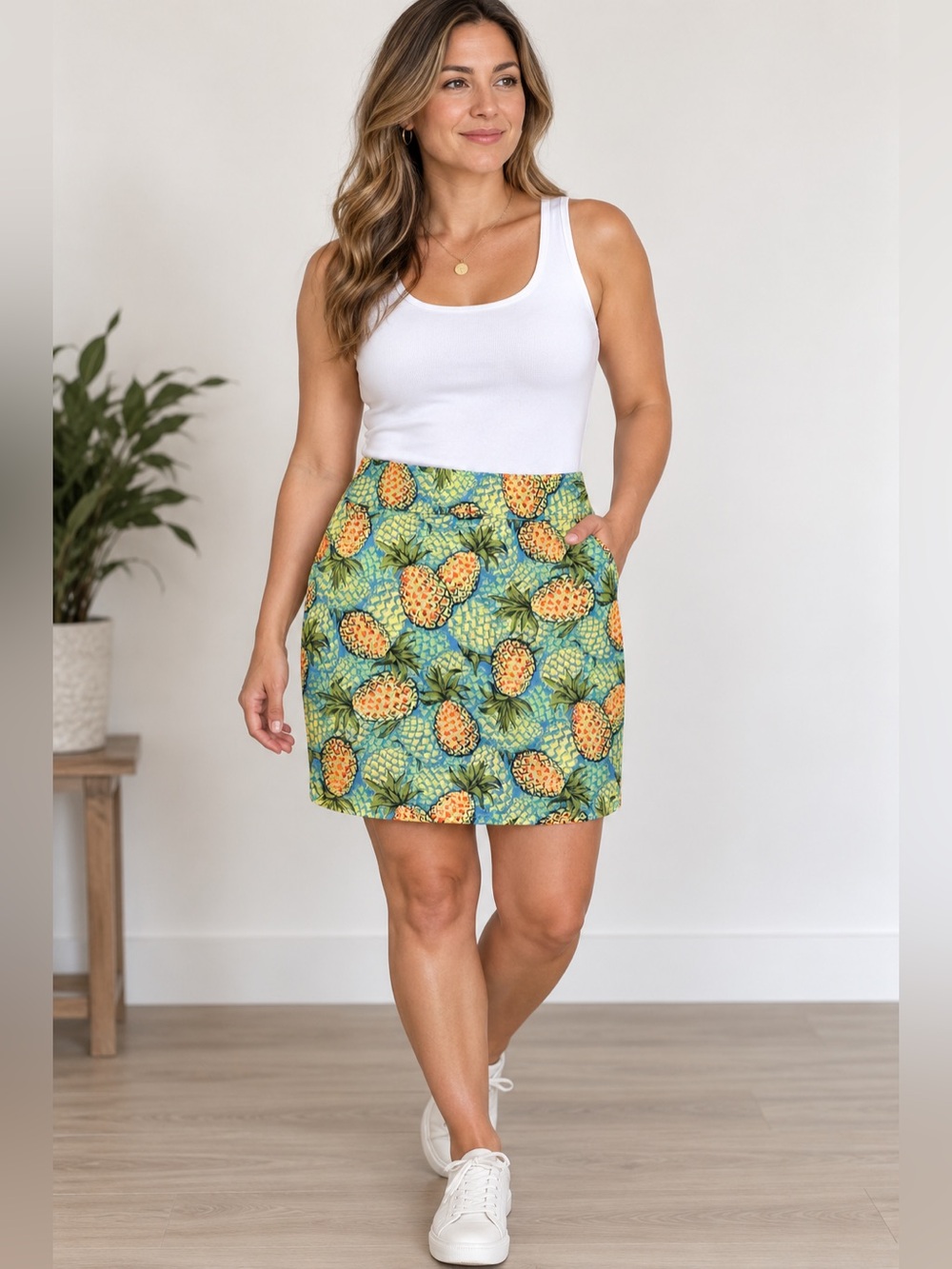 Talbots Women’s Size 8 Pineapple Print Skirt Blue Green Cotton Stretch Tropical